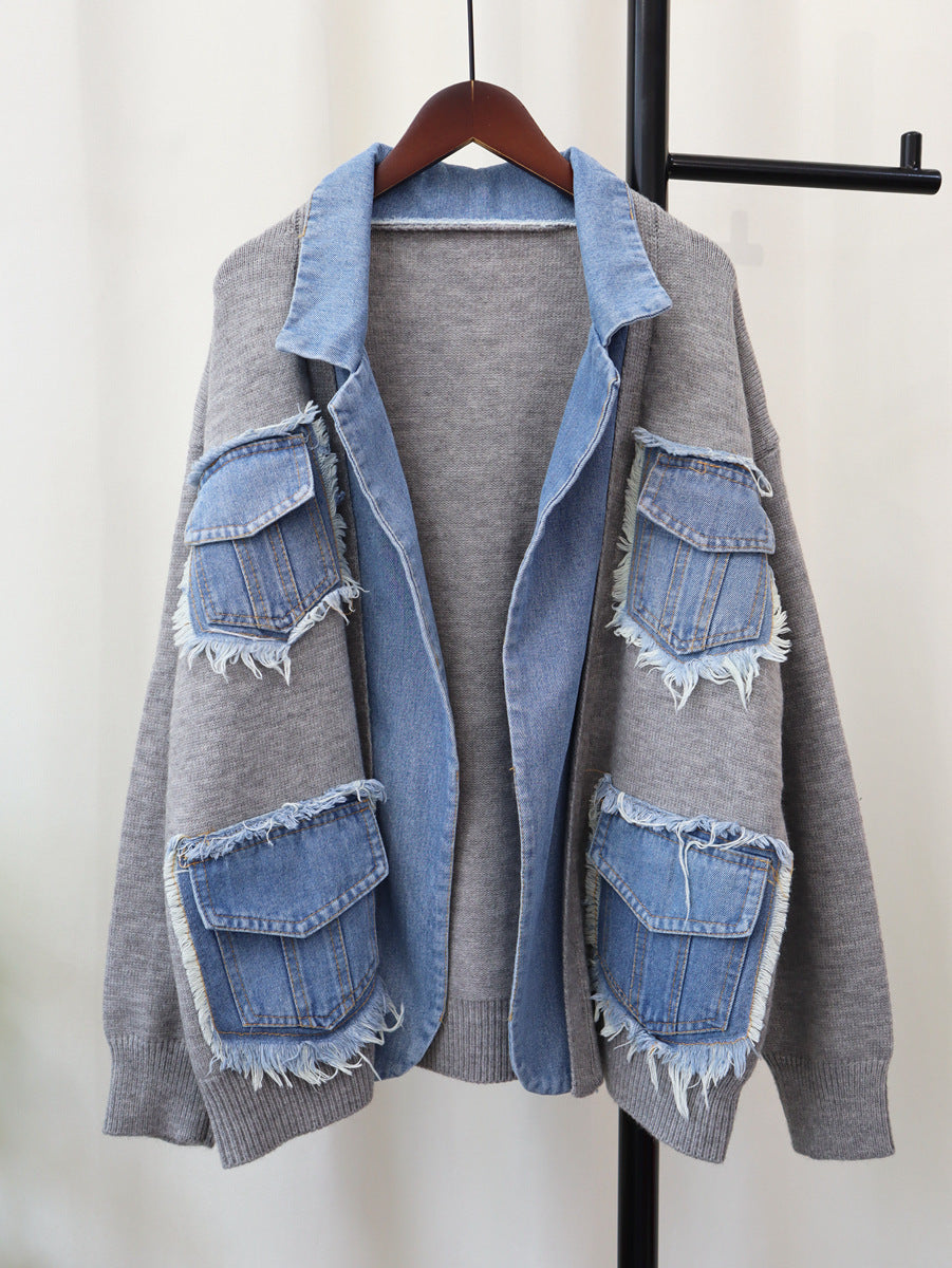 Cappotto in maglia con cuciture in denim per donna