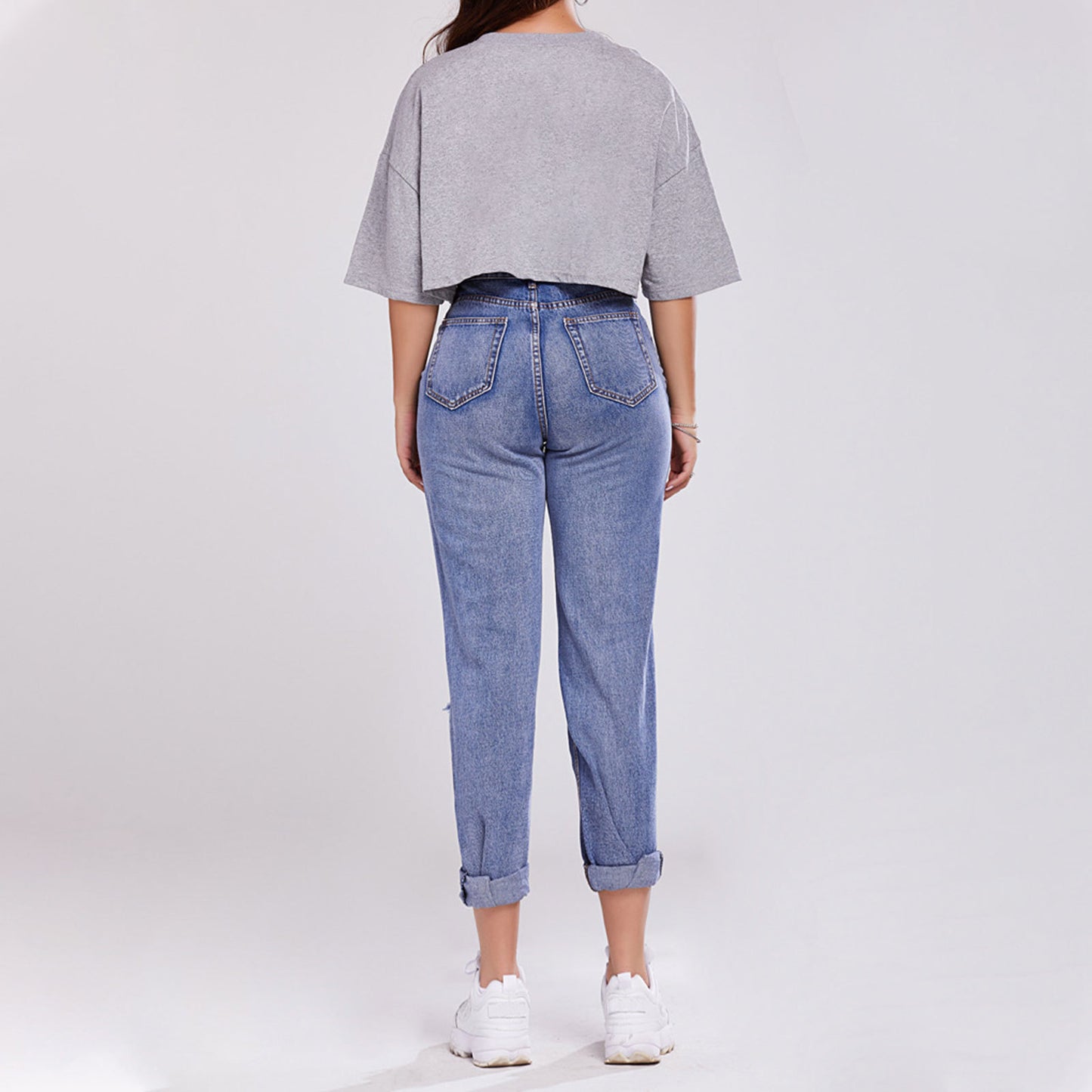 Ladies Trousers High-waisted Butt-lifting Holes Casual Straight-leg Denim Trousers