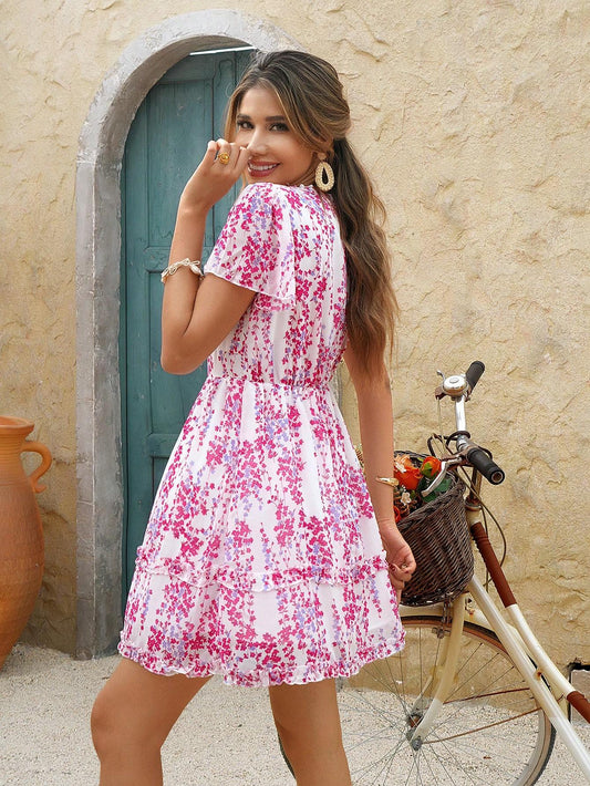 Kleid mit Blumendruck und Salatbesatz für den Urlaub und Strand