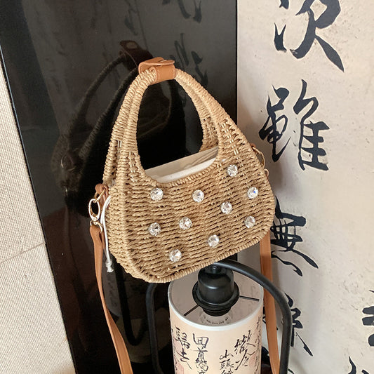 Borsa a tracolla portatile con strass da donna, borsa intrecciata