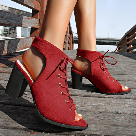 Sandali con tacco spesso e lacci, scarpe estive alla moda con punta aperta per le donne