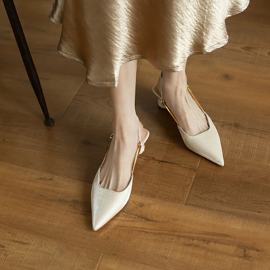 Französische Satin-Temperament-Sandalen mit niedrigem Absatz