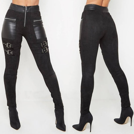 Women's Black Stitching Leather Zipper Trousers