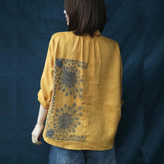 Camicia da donna in lino con stampa irregolare, casual e ampia, stile letterario