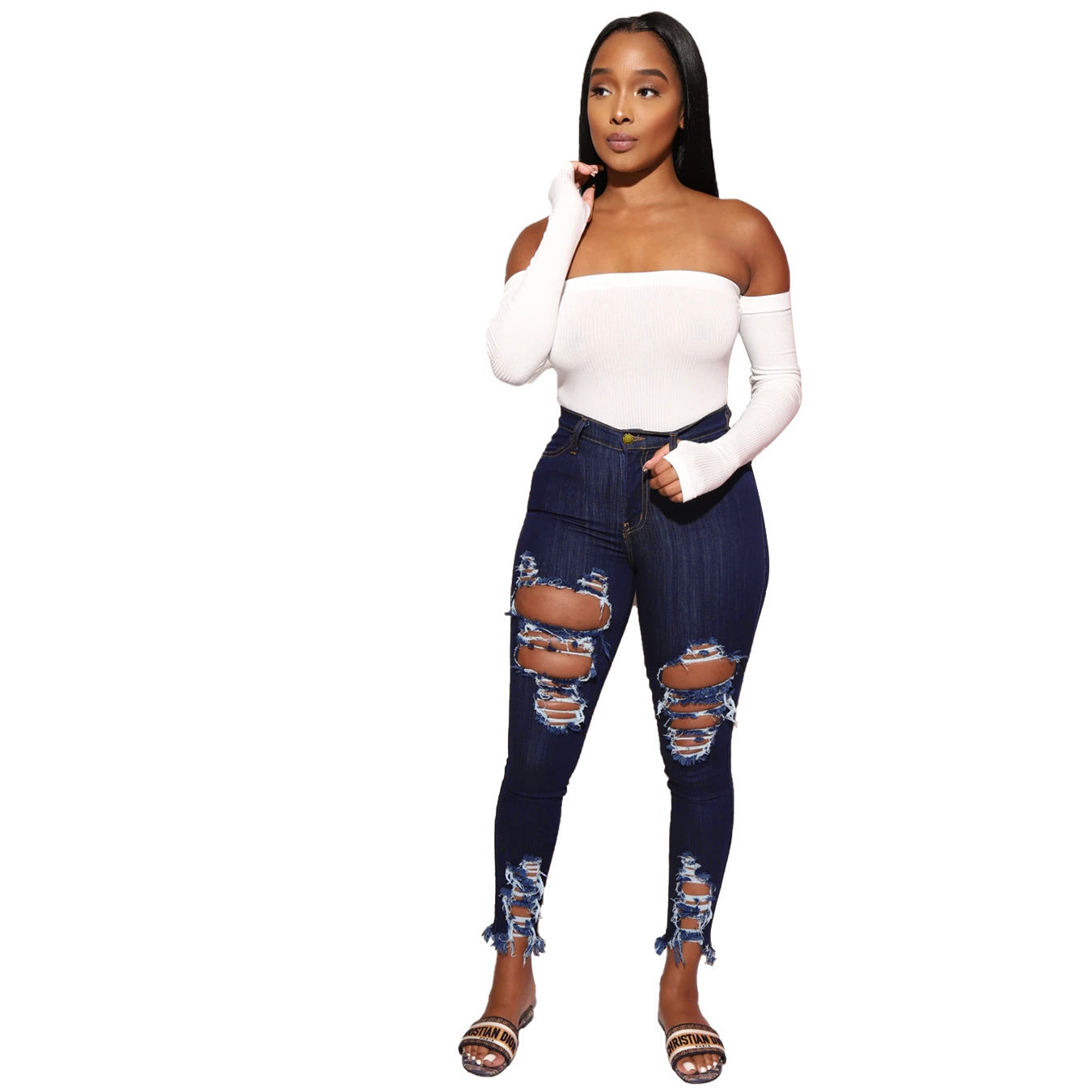 Jeans da donna, pantaloni da donna con elastico strappato