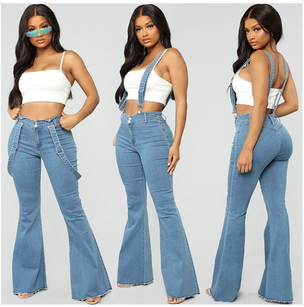 Pantaloni da donna in denim alla moda con bretelle, salopette attillata