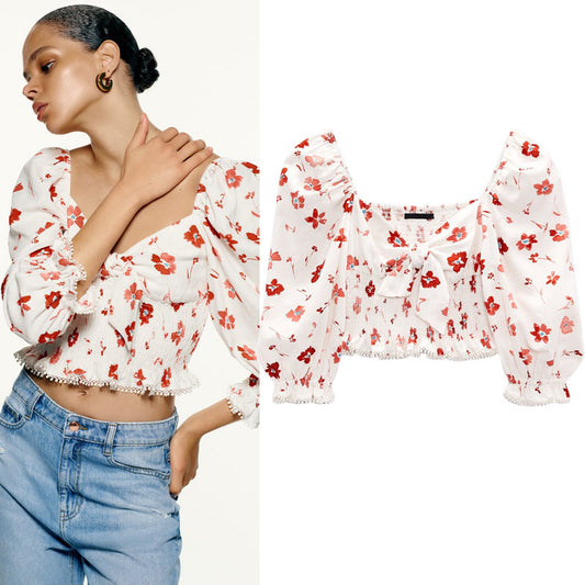 Top in lino con stampa floreale a strati e vita elasticizzata da donna