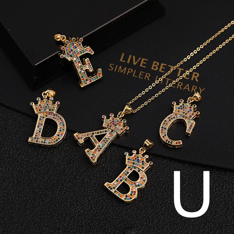 Micro-inlaid Colorful Zircon Hip-hop Personality 26 Letters Pendant Necklace