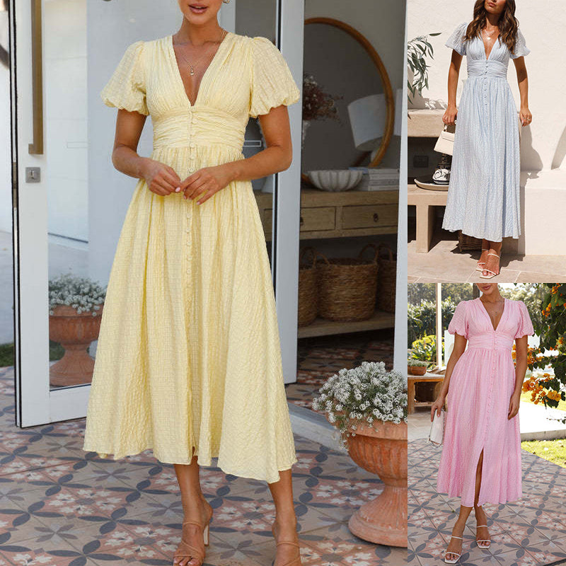 Modisches langes Kleid mit Puffärmeln für Damen