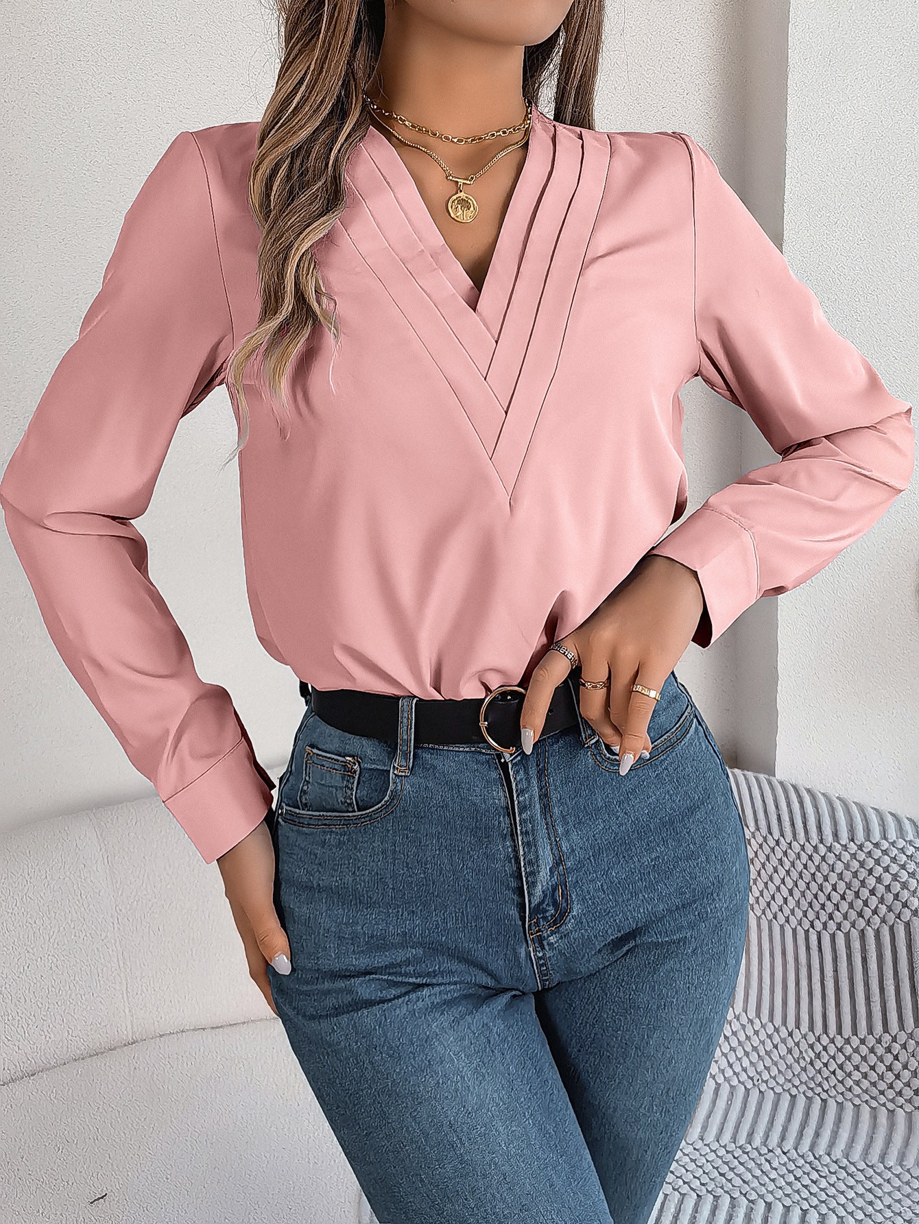 Camicia a maniche lunghe con scollo a V alla moda, elegante, da pendolare, tinta unita, da ufficio, abbigliamento da donna