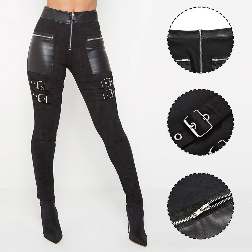 Women's Black Stitching Leather Zipper Trousers