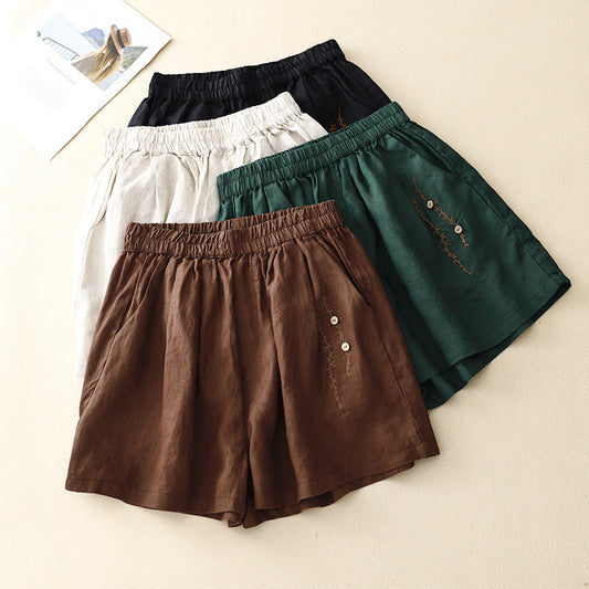 Pantaloncini in lino e cotone con ricamo vintage alla moda femminile