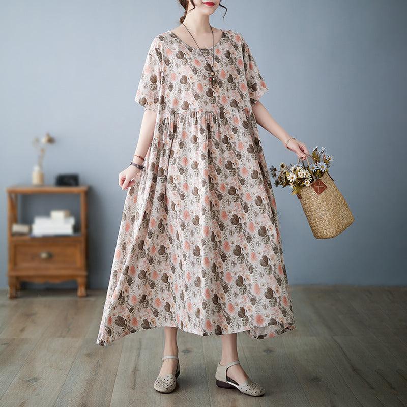 Literatur und Kunst Baumwolle und Hanf Druck Fat MM Lose Rundhals Kurzarm Kleid für Frauen