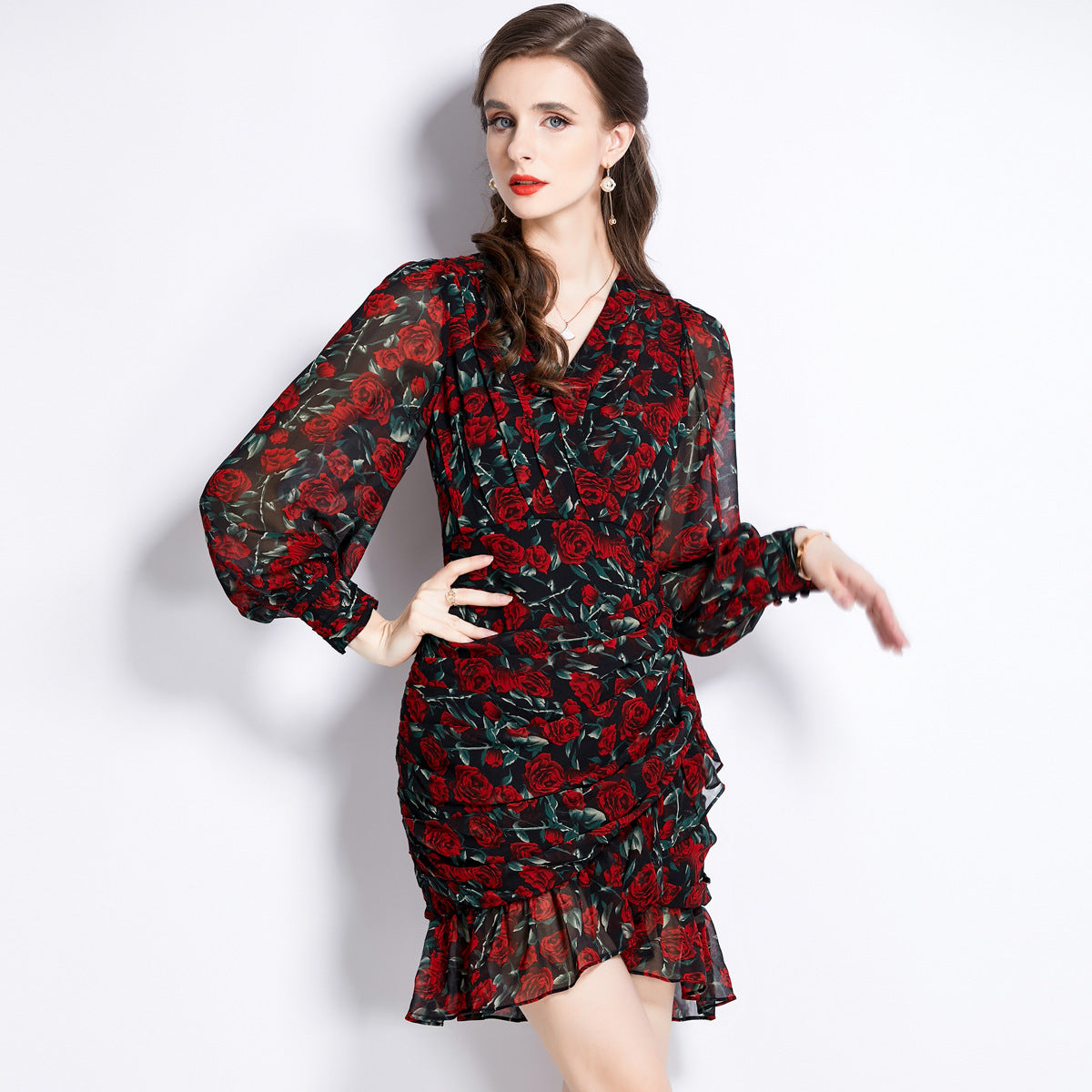 Bedrucktes Chiffon-Fischschwanzkleid für Damen
