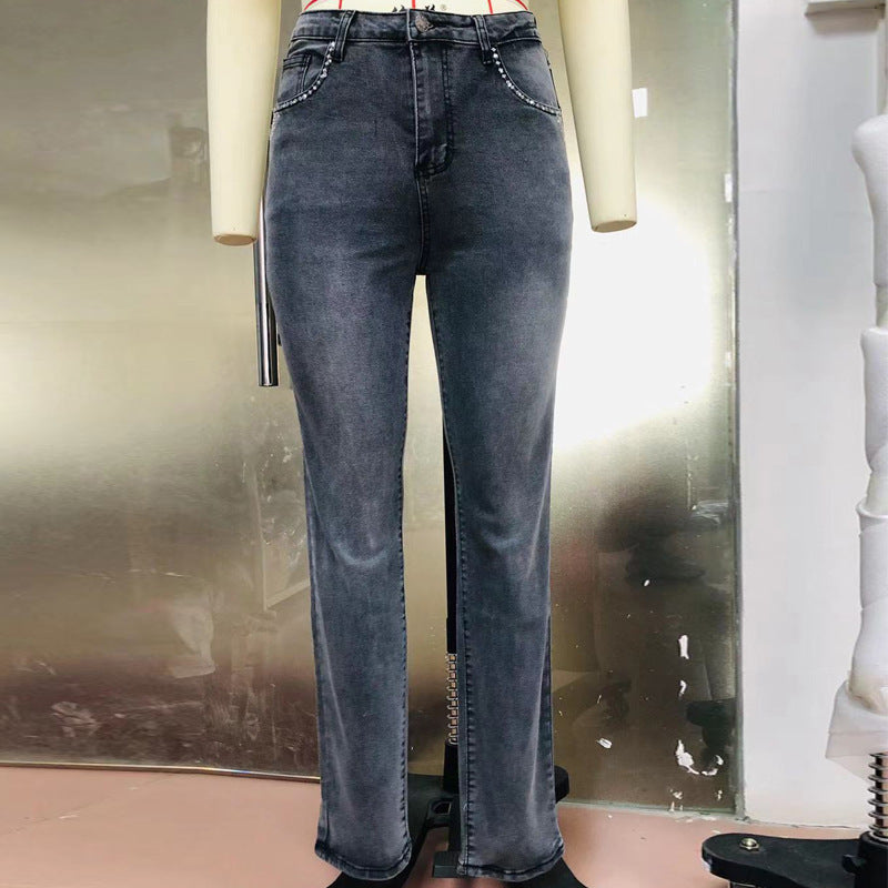 New Retro Embroidered Skull Hot Rhinestone Elastic Slim Fit Slimming Skinny Denim Trousers