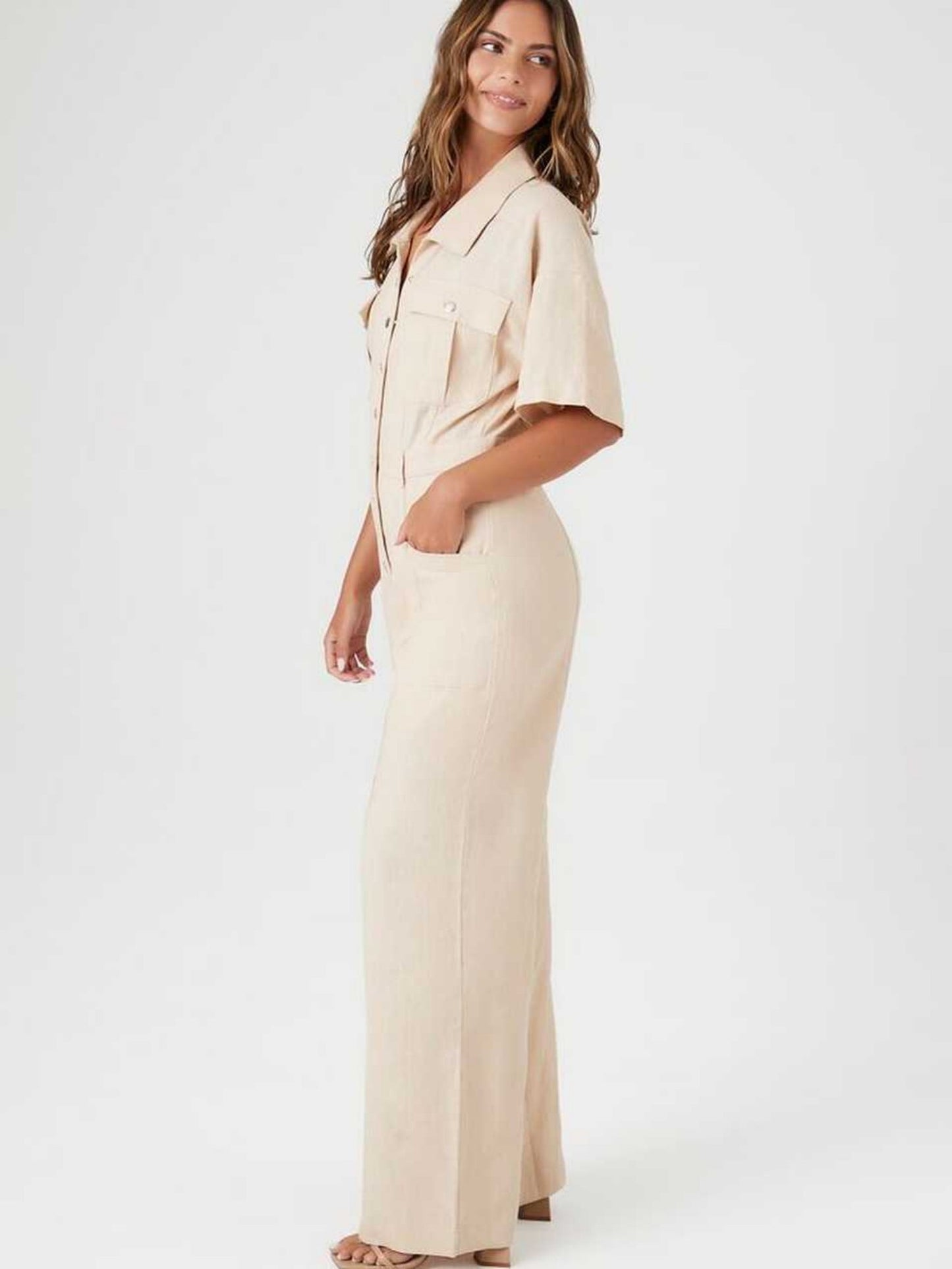 Flip Pocket Tencel Leinen Jumpsuit für Damen