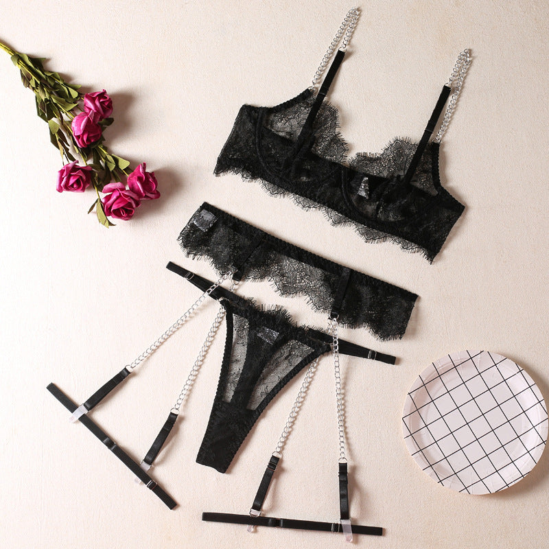 Sexy Spitzen-BH, modische Metallkette, Strumpfband-Unterwäsche-Sets