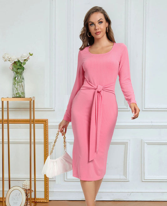 Damen-Midikleider mit langen Ärmeln und Bindeband, Schlitz, Pit Stripe