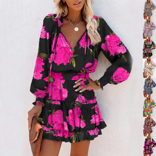 Abito a maniche lunghe con stampa a fiori, alla moda, patchwork, maniche a sbuffo, vita, abiti da donna