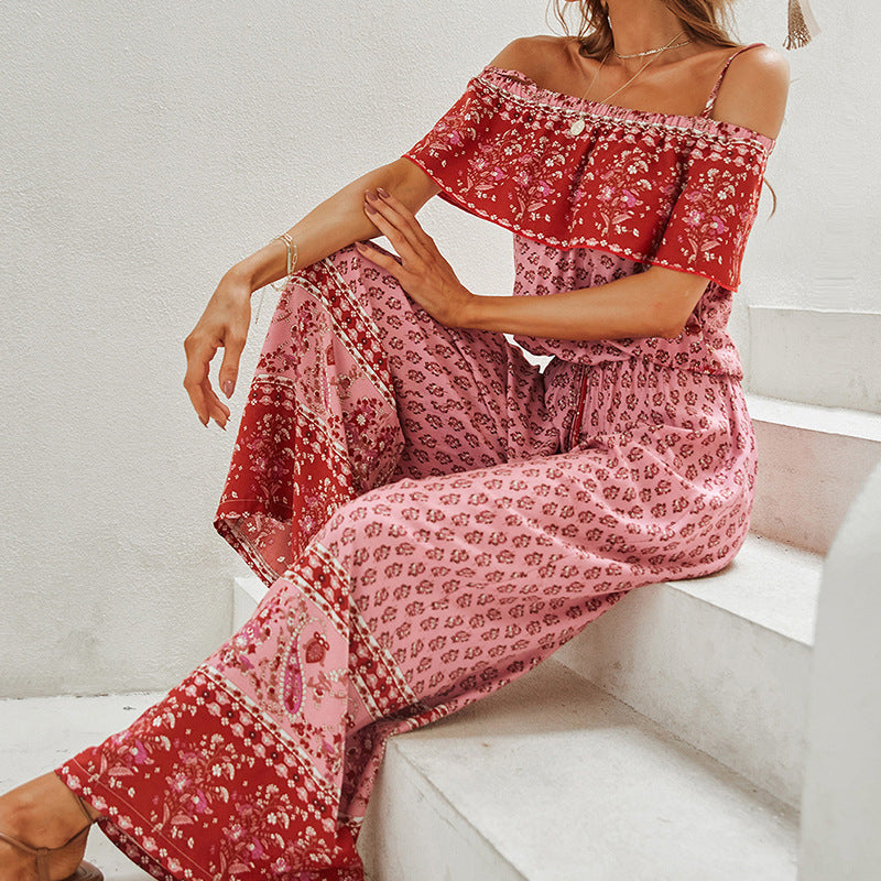 Lässiger, langer Jumpsuit für Damen mit rotem Printpanel