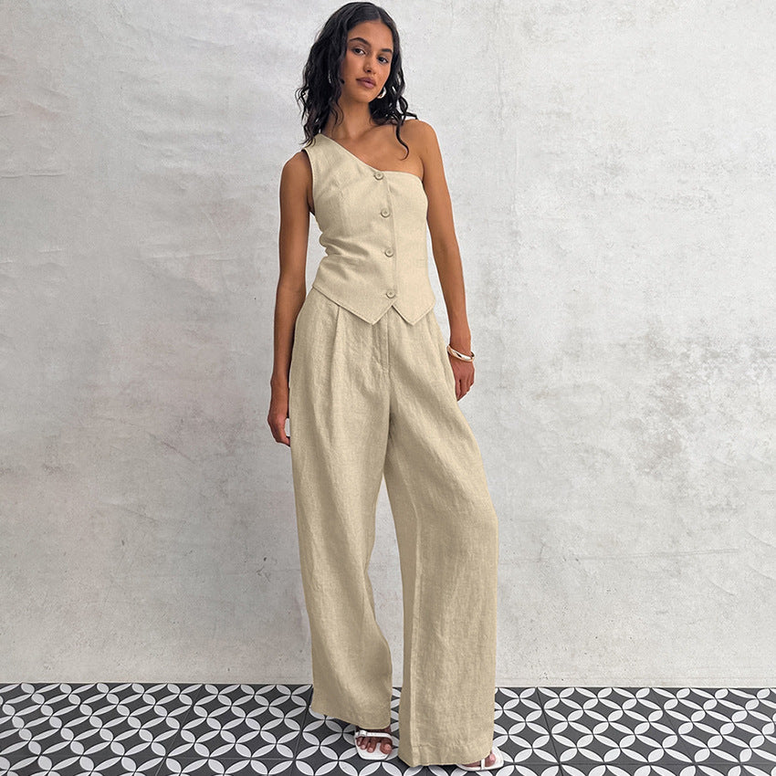 Cotton Linen Sleeveless Vest Irregular Collar Suit