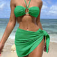3pcs Solid Color Stripe Swimsuit Sexy Summer Beach Bikini Set Womens Clothing