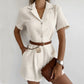 French Style Temperament Cotton And Linen Suit Collar High Waist Casual Jumpsuit