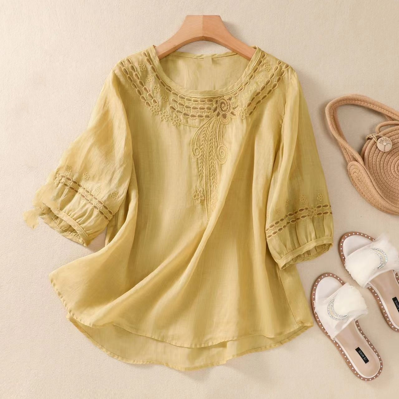 Camicia estiva vintage in cotone e lino ricamata a mezza manica