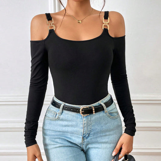 Damen Frühling und Sommer Mode Einfache Hosenträger Off-Shoulder Metall Haken Langarm Sexy Top