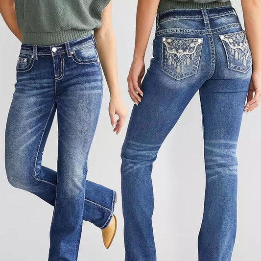 Damen Stickerei Denim Bootcut Hose Mode