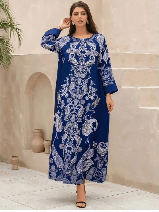 Elegant Floral Print Long Sleeve Abaya Dress