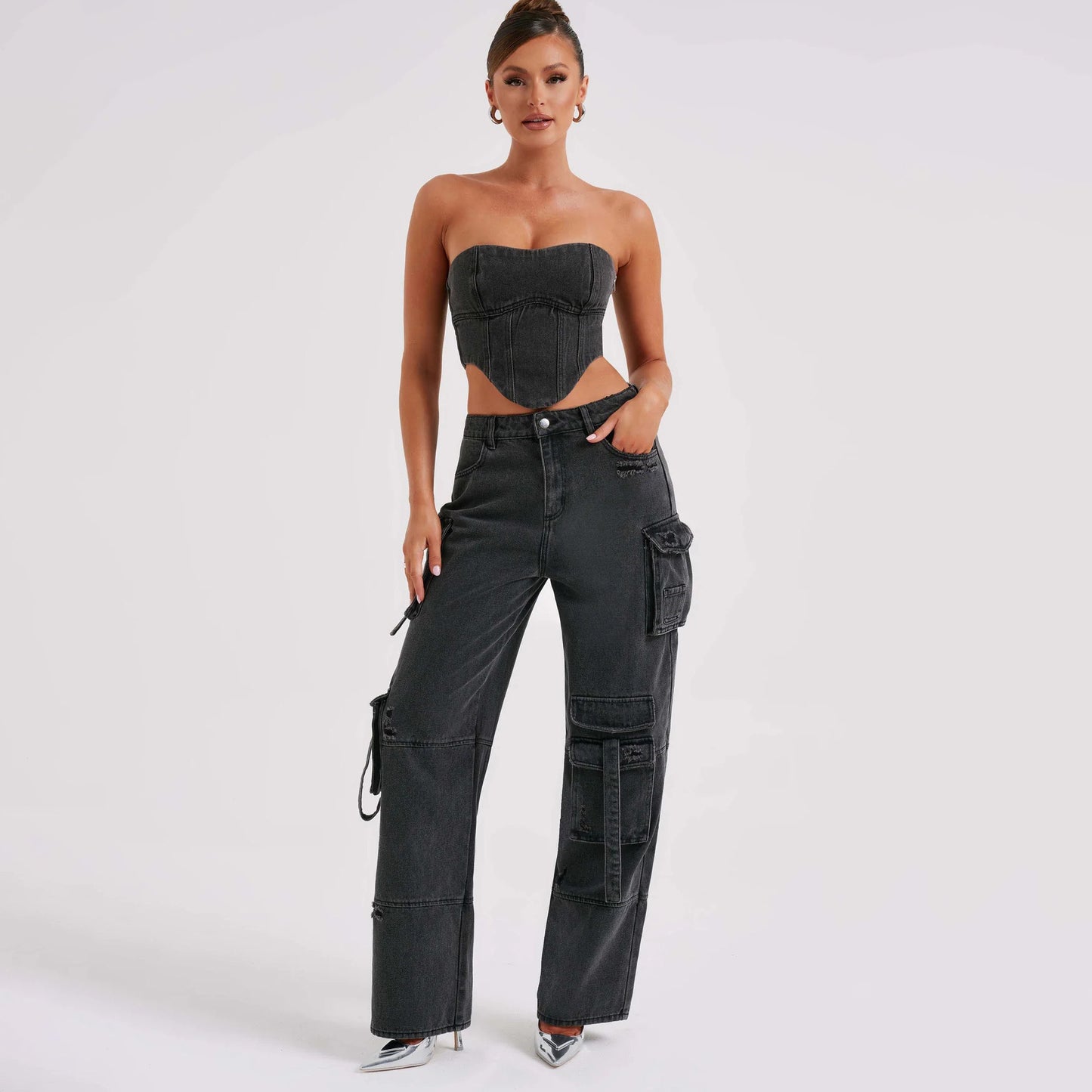2-teiliges Denim-Set für den Sommer, sexy, rückenfreies Tube-Top und gerade Hose mit mehreren Taschen