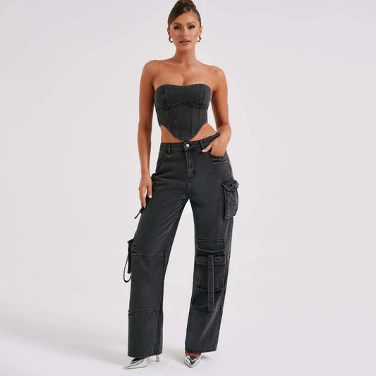 2Pcs Denim Suits Summer Sexy Backless Tube Top And Multi-pocket Straight Trousers