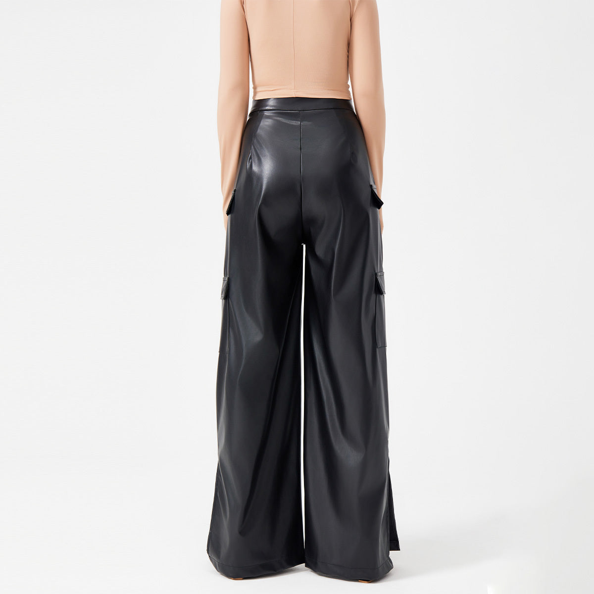 Fashion PU Trousers Metal Zipper Pocket Long Pants