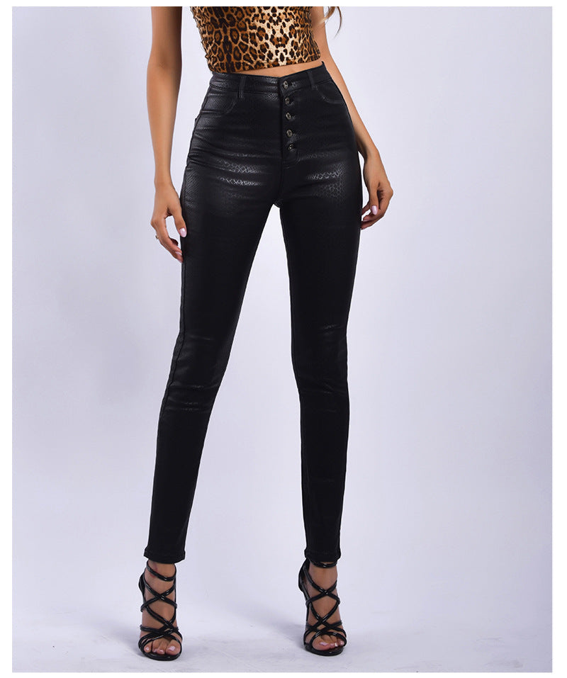 Black Pu High Waist Velvet Padded Faux Leather Pants