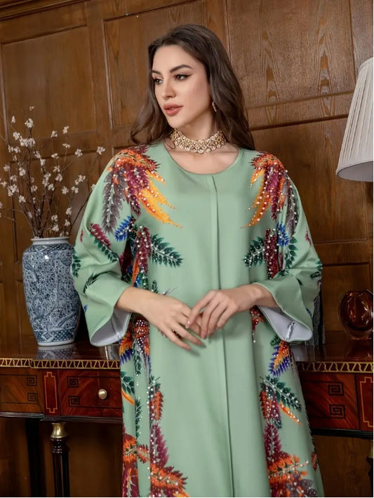 Elegantes langärmliges Abaya-Kleid mit Blumendruck