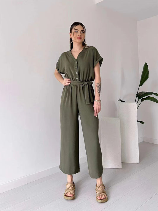 Pantaloni da tuta da donna con scollo a V, monopetto, vita alta, allacciati, gamba dritta
