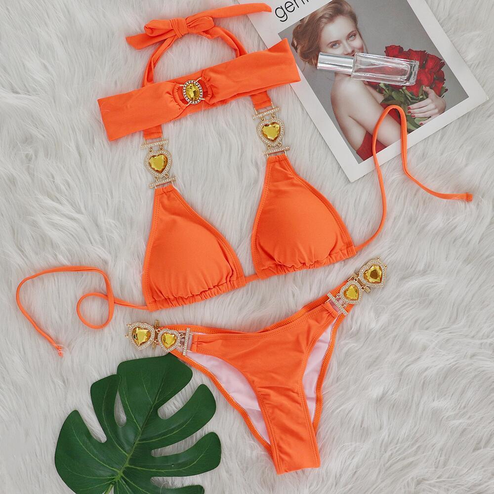 Crystal Diamond Bikini Solid Color Women