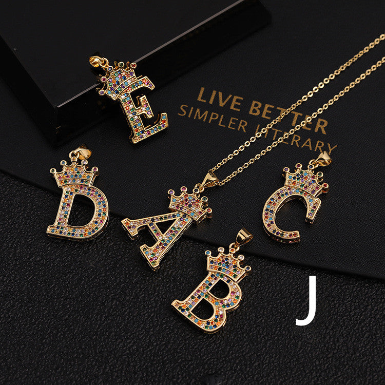 Micro-inlaid Colorful Zircon Hip-hop Personality 26 Letters Pendant Necklace
