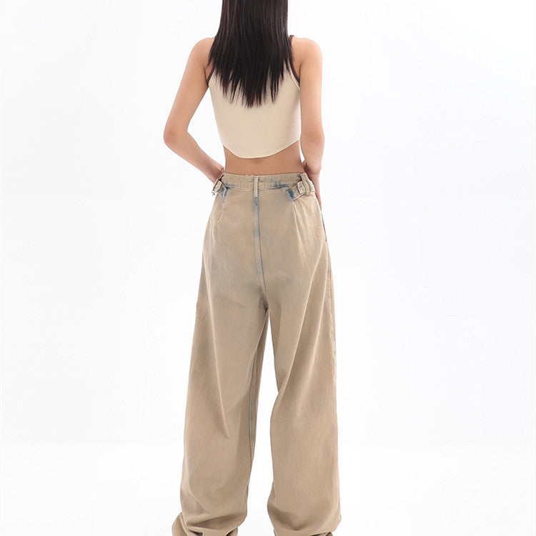 Women's Vintage Washed High Waist Loose Straight Casual Pants