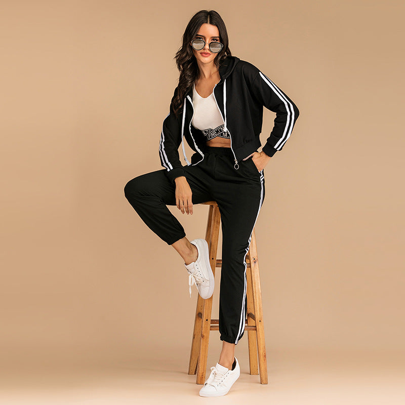 Schwarzer kurzer Pullover, lässiger Sportanzug, zweiteiliges Set für Damen