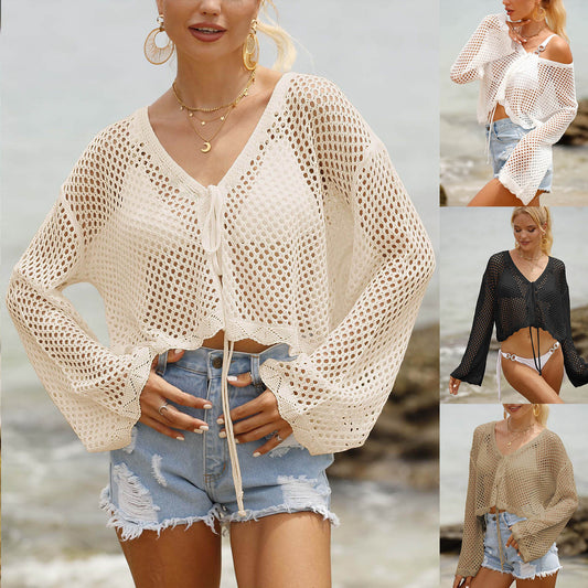 Cardigan con lacci da donna, traforato, protezione solare da spiaggia, camicetta a maniche lunghe