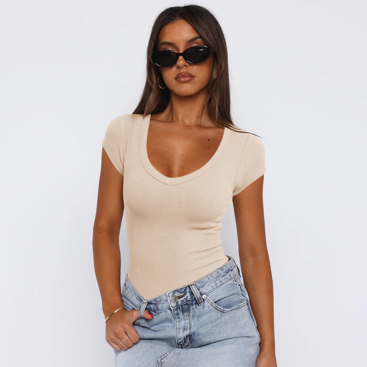 Maglietta aderente con motivo a spirale alla moda, estiva, tinta unita, sexy, a maniche corte, per abbigliamento da donna