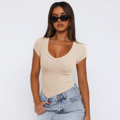 Maglietta aderente con motivo a spirale alla moda, estiva, tinta unita, sexy, a maniche corte, per abbigliamento da donna