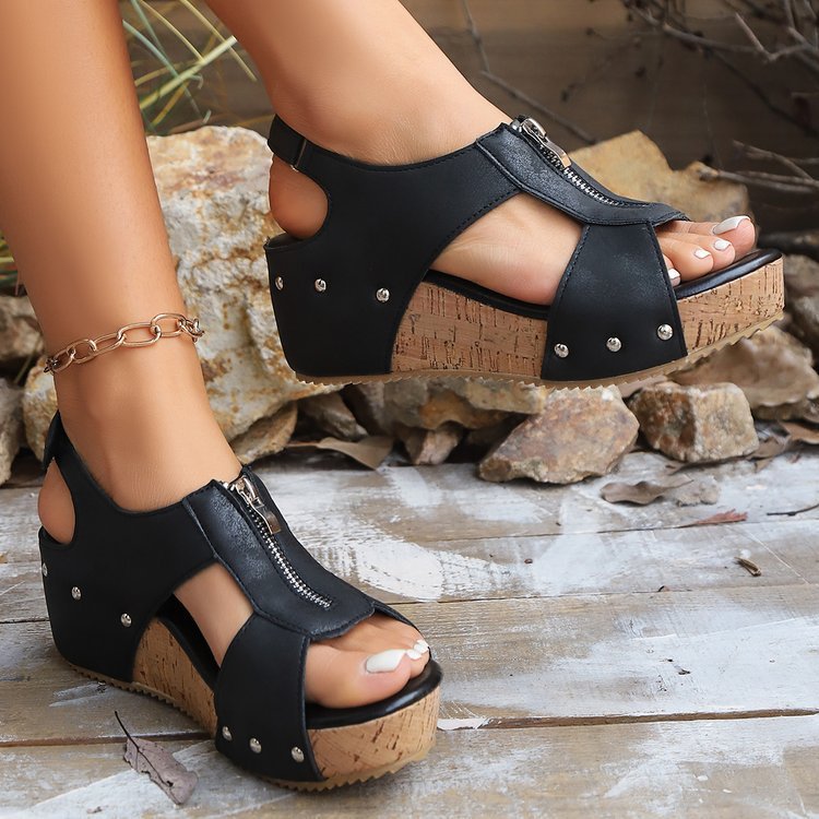 Sandalen mit Reißverschluss und Keilabsatz für Damen, leichte, höhenverstärkende Schuhe, modische, lässige Sandalen
