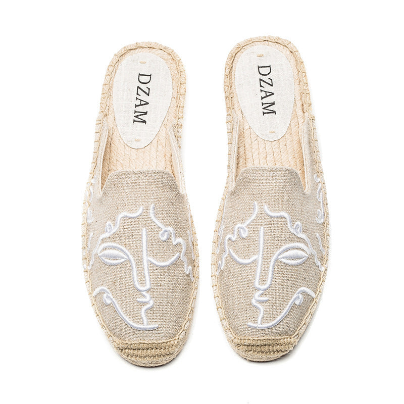 Straw flat embroidered sandals and slippers