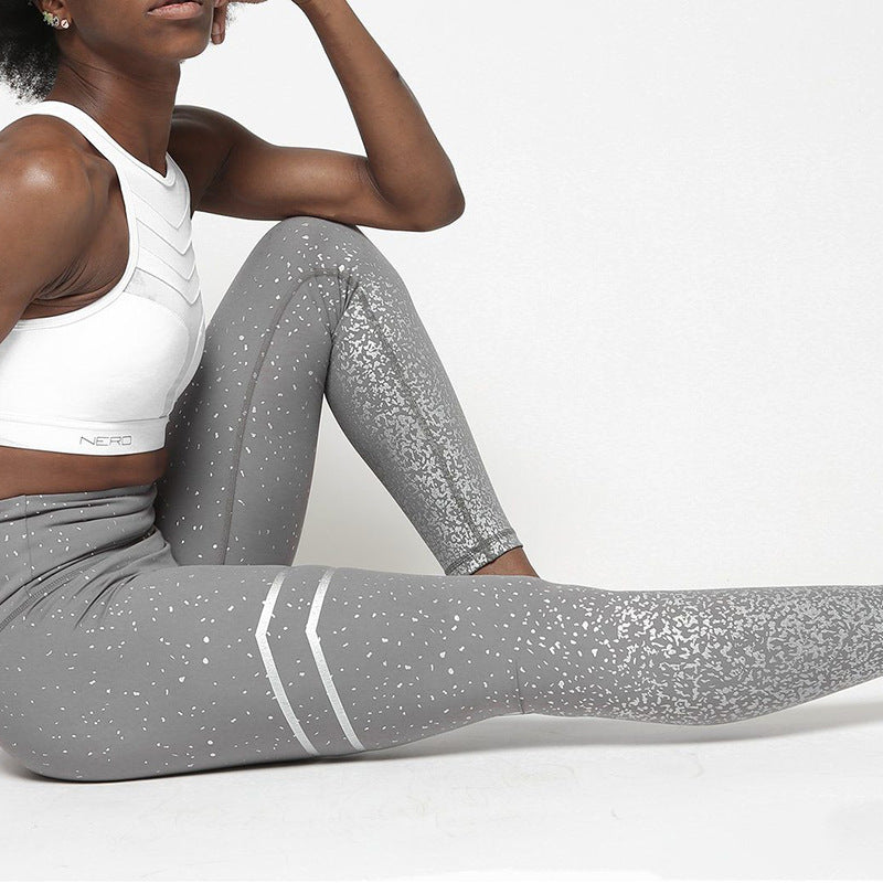 Pantaloni da yoga elasticizzati a vita alta con stampa a caldo, leggings aderenti per il fitness sui fianchi