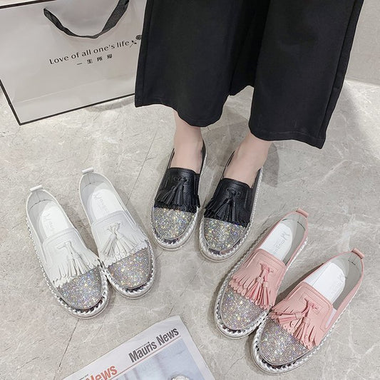 Shallow Leather Rhinestone Platform Shoes For Women