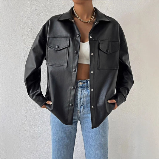 Single-breasted Solid Color Pocket PU Fashion Casual Jacket Top