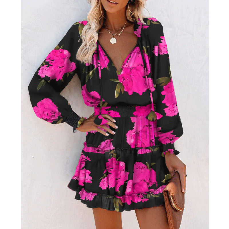 Abito a maniche lunghe con stampa a fiori, alla moda, patchwork, maniche a sbuffo, vita, abiti da donna